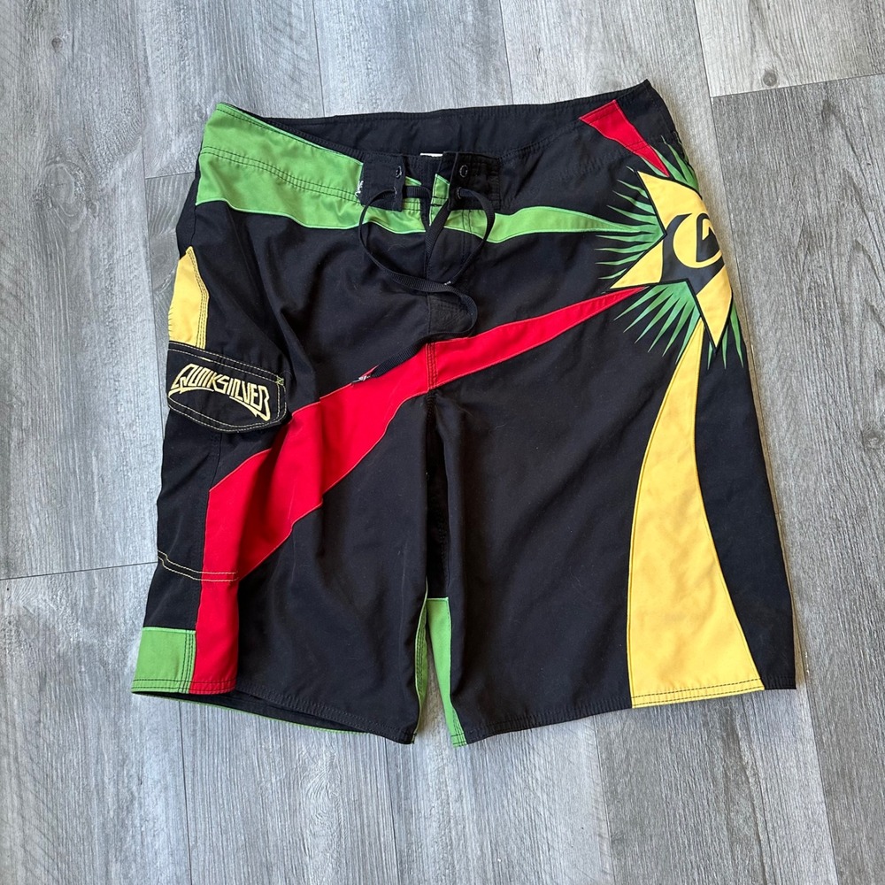 Vintage Y2K Quiksilver Board Shorts Crazy Star Design Surf 34 embroided Pocket